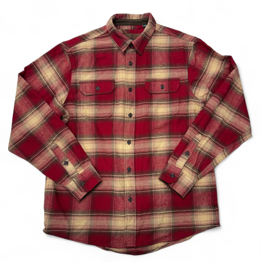Orvis Flannel Shacket Shirt Plaid Mens‎ Large Button Up Red Beige Pockets Heavy